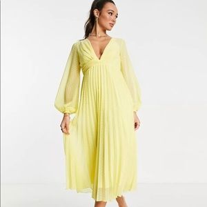 ASOS Design Yellow Pleated Long Sleeve Dress